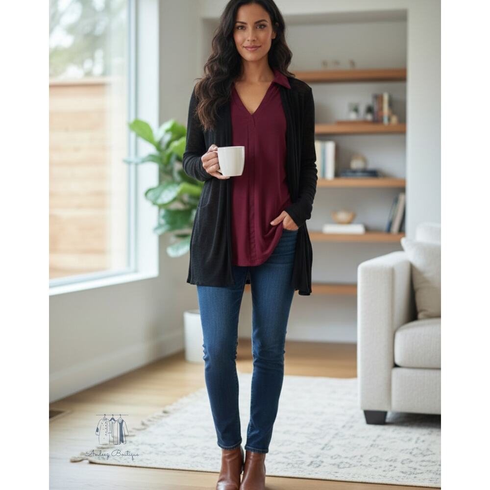 Bobeau Black Wrap Cardigan Soft Sheer Light Long Sleeve Layering Sweater Small S